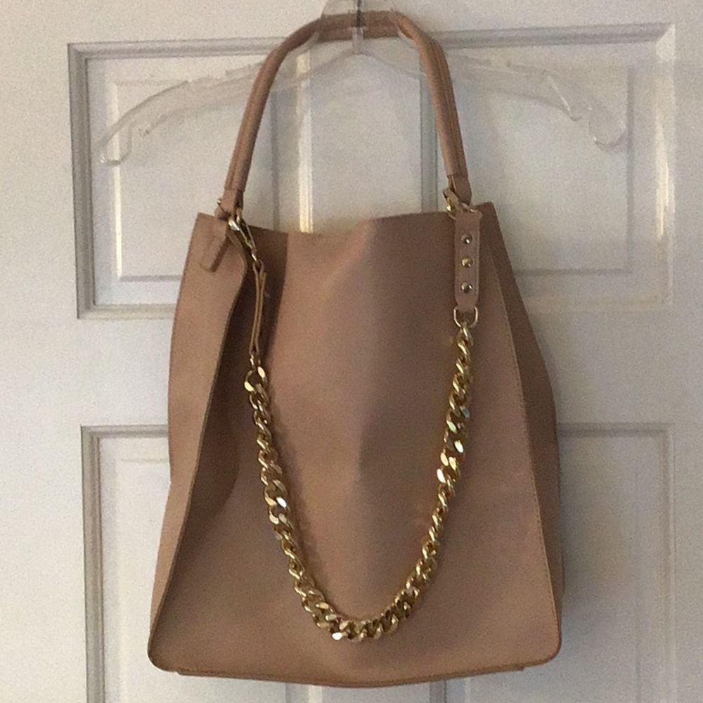 Classic Beige Tote Bag with Gold Chain